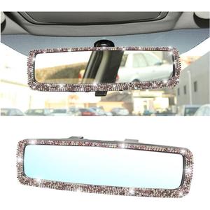 Bling Car Rear View Mirror, Rhinestones Crystal Clip-on Rearview Mirror with HD Glass, Compatible with Most Cars, SUVs, Vehicles, Auto Interior Accessories for Women Girl (Pink)