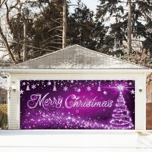 DARUNAXY Purple Christmas Garage Door Decorations, 16X7ft Creative Merry Christmas Garage Door Banner Backdrop Happy Holidays Mural Background for Xmas Eve Happy New Year