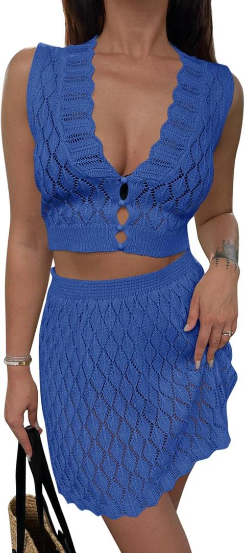 Saodimallsu Womens Two Piece Crochet Swimsuit Cover Ups Sleeveless V Neck Crop Tops Skirt Sets Beach Vacation Outfits (XX-Large, Blue) Saodimallsu Womens Two Piece Crochet Swimsuit Cover Ups Sleeveless V Neck Crop Tops Skirt Sets Beach Vacation Outfits (XX-Large, Blue)