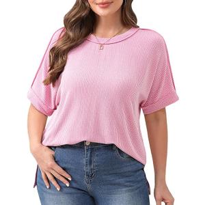 Womens Plus Size Tops Short Sleeve Shirts Ribbed High Low Hem T-Shirts Summer Trendy Crewneck Loose Tunics XL