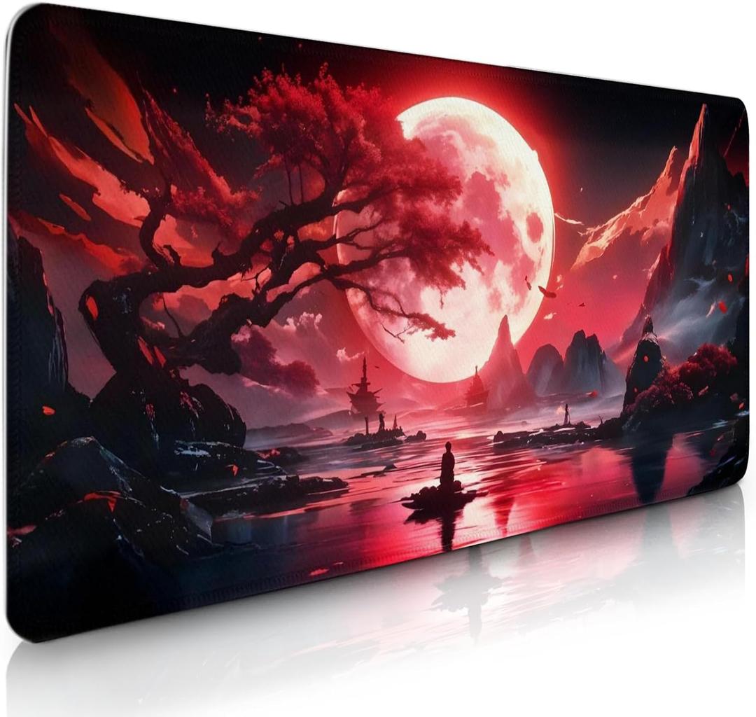Gaming Mouse Pad Large, Red Blood Moon Mousepad with Non-Slip Based, Large Extended Computer Keyboard Mat for Desk, Gifts for Japanese Anime Lover, for Keyboard Mouse 15.7x 35.4 XXL