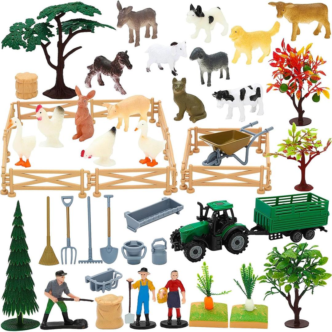 ONEST 49 Pieces Mini Farm Animal Figurines Playset Hand Painted Tiny Farm Animals Realistic Detailed Plastic Puppy Figures