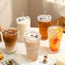 GGOLDMER 4 Pack Glass Tumblers with Lids and Straws, 20oz Iced Coffee Cups with Lids Reusable for Juices, Smoothies, Cocktail, Beer, Tea and Latte - Ribbed Design & Thick Glass