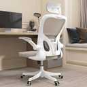 Monhey Office Chair Ergonomic Desk Chair with Lumbar Support&Headrest&Flip-up Arms Height Adjustable Rocking Swivel High Back Computer Chair Warm Taupe Mesh Study Chair (02White+Khaki)