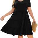 Women's Plus Size Casual Summer Tiered Dresses Short Sleeve Scoop Neck Ruffle Hem Loose Fitting Midi Babydoll Dress (XX-Large Plus, Black)
