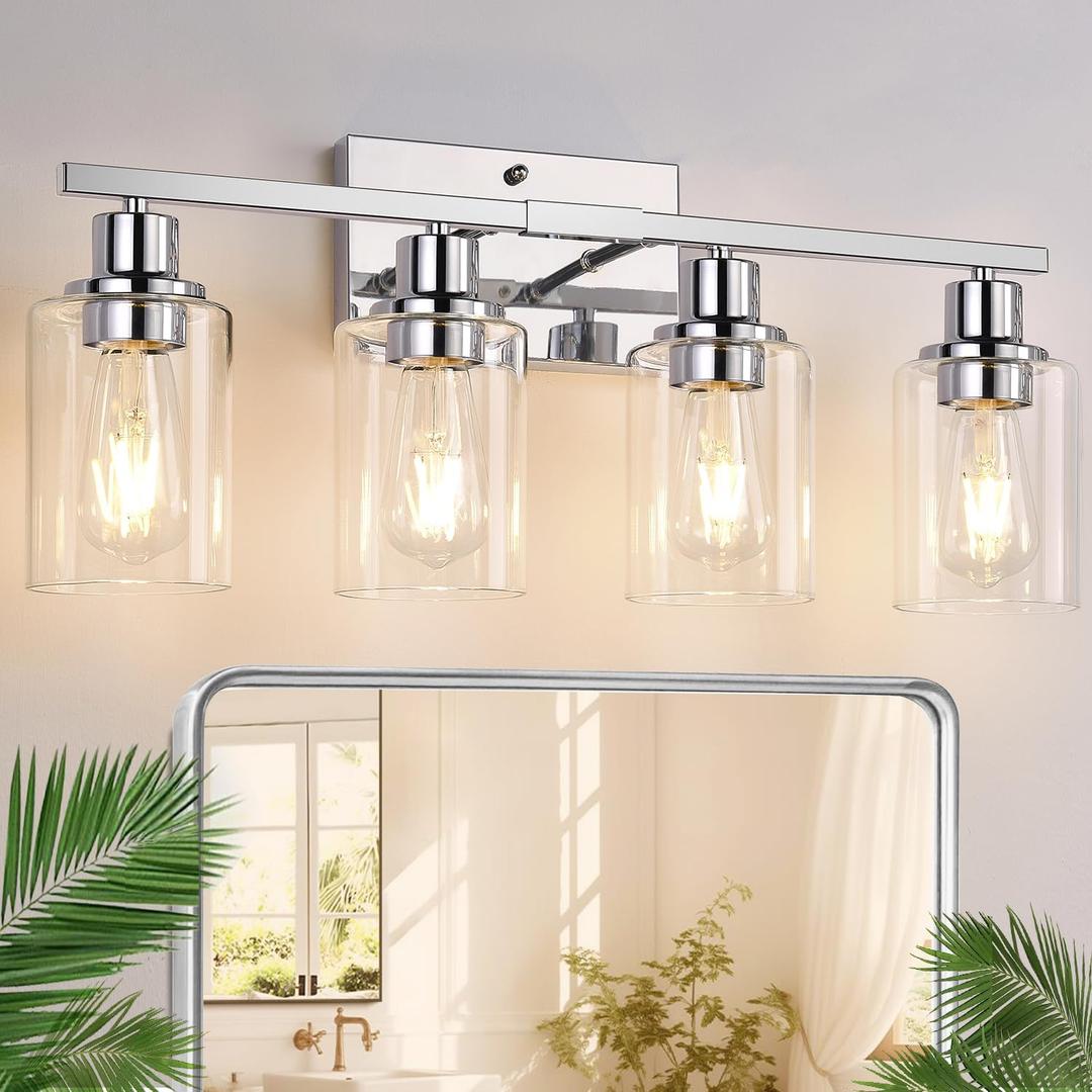 4 Light Bathroom Light Fixtures, Chrome Vanity Lights with Clear Glass Shades, Modern Bathroom Light Fixtures Over Mirror, Modern Bathroom Wall Lamp for Mirror Living Room Cabinet