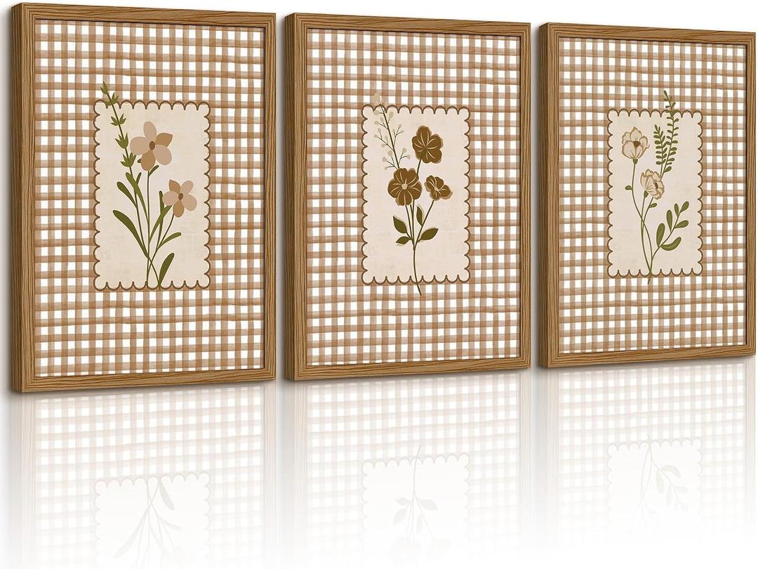 Vintage Floral Wall Art Cottage Core Wildflower Canvas Wall Decor Cottagecore Botanical Prints Gingham Farmhouse Flower Pictures Neutral Floral Poster for Bathroom Home Bedroom 16x24x3 Inch Framed