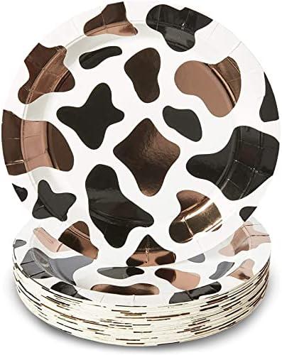 BLUE PANDA 48 Pack Cow Print Paper Plates (9 Inch) for Barnyard Birthday, Farm Animal Party - Cow Baby Shower Supplies (Brown Foil Print)
