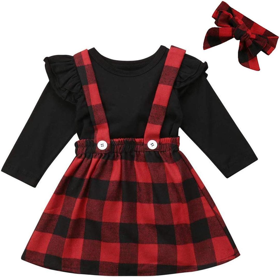 Toddler Baby Girl Infant Plain T Shirts Plaid Overall Skirt Set Cotton Outfits (110)