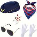 Flight Costume Set Beret Scarf White Gloves Sunglasses Airplane Pin Role Play Party Halloween Cosplay