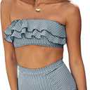 Saodimallsu Women High Waisted 2 Piece Bikini Set Bandeau Ruffle Swimsuit Top Striped Bathing Suits (X-Large, Navy)