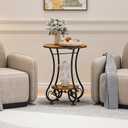 Side Table,Small Round End Table with Lower Shelf for Small Spaces, Portable Couch Sofa Coffee Table,Bedside Nightstand Table with Metal Frame,Retro Accent Drink Table for Living Room Bedroom Balcony