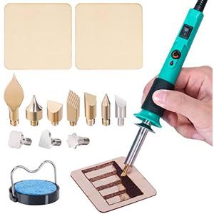 YIHUA 930-IV Pyrography Wood Burning Pen Kit Adjustable Temperature, Power Switch, Heat Deflector, Rubber Grip with 10 Pyrography Tips, 2 Wood Pieces, Flip-Up Pen Stand, for Woodburning DIY Crafts