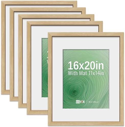 VCK 16x20 Picture Frame 5 Pack - Natural Oak, High-End Wood Poster Frames with Tempered Glass, Display 11x14 Photo with Mat or 16x20 without Mat, Art Gallery-Quality, Wall Hanging, Natural Oak
