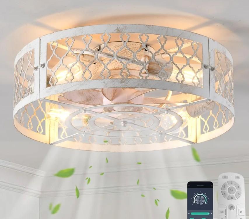 Garwarm Caged Ceiling Fan with Light,20" Flush Mount Ceiling Fan with Remote,Bladeless Low Profile Fandelier Small Ceiling Fans with Lights for Bedroom,Dining Room