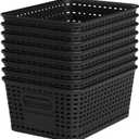 Black Plastic Storage Baskets - Pack of 8 with Labels Stackable Durable Storage Bins, Storage Containers for Organizing Desktops, Closets, Playrooms, Classrooms, Offices