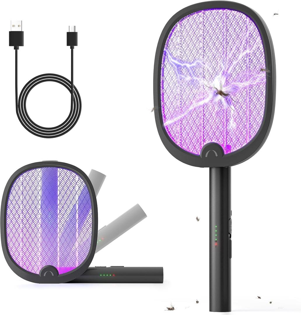 YISSVIC Electric Fly Swatter Foldable Bug Zapper Racket 2 in 1 Mosquito Killer with Purple Attractant Light Rechargeable 1800mAh for Indoor Home Backyard Patio Camping (Black)