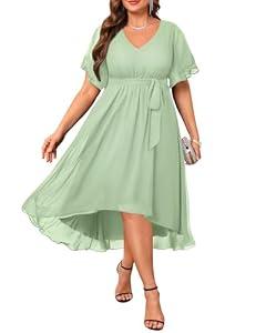 Plus Size Green Dress Mint Bridesmaid Mother of the Bride Wedding Guest Formal Chiffon Short Sleeve High Low Dress Women, Light Green (22 Plus)