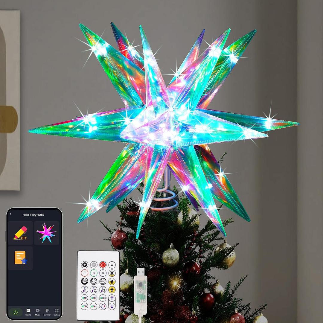 Christmas Star Tree Topper, 13.8" Xmas Smart Tree Decorations, Crystal-Like 3D Polygonal Shell, App Control LED Christmas Light, Music Sync RGB Color Changing with Remote for Indoor and Outdoor Decor