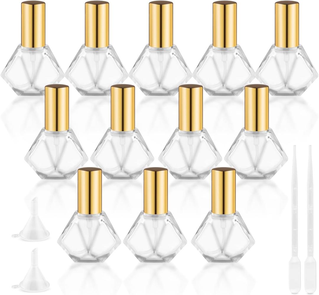 12 Pack 8ml Diamond-Shaped Glass Perfume Bottles with Gold Spray Head Fine Mist Atomizer Portable Cosmetic Liquid Bottles Refillable Fragrance Dispenser (rhombus)
