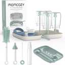 Momcozy Bottle Brush Set - Baby Bottle Cleaner Kit with Silicone Brush, Nipple Brush, Straw Brush, Soap Dispenser, Drying Rack - 7 in 1 Bottle Cleaning Tool for Home and Travel, Green (Classic Style)