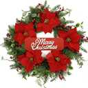 Christmas Wreaths for Front Door,Artificial Winter Wreath with Pine Needles,Eucalyptus Leaves and red Poinsettias with Plump Pine and red Berries, Wreaths for Indoor Wall Window Decor.