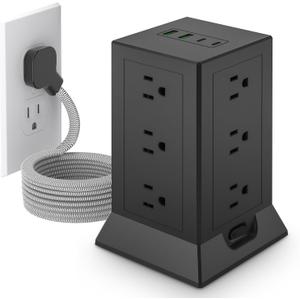 Power Strip Tower with Multiple Outlets, 10 Ft Extension Cord Flat Plug with 12 AC Outlets 4 USB Ports (2 USB C), Power Tower Surge Protector with Individual Switches for Home Office Dorm Room, Black