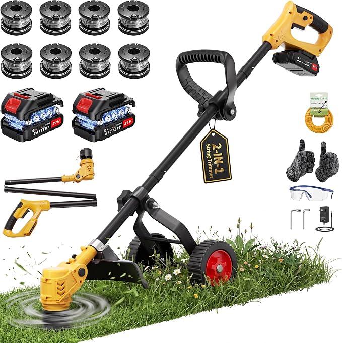 12-Inch Cordless Weed Wacker and Lawn Edger with Detachable Wheels | 650W Motor, 17,500 Rpm, 3.3 Lb Foldable Body, 2 X 21v 2.0Ah Batteries, 90° Adjustable Head, 8 Line Spools