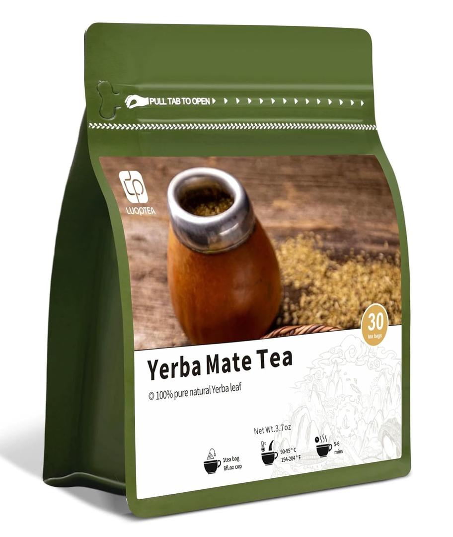 luoptea Unsmoked Yerba Mate Tea Bags from Argentina-100 NAtural Energy&Focus herbal Tea|Antioxidant Rich Detox Tea ,Hot or Iced,Eco-Conscious Compostable Tea bags,No suger,No Gluten,Vegan. (30 tea bags)