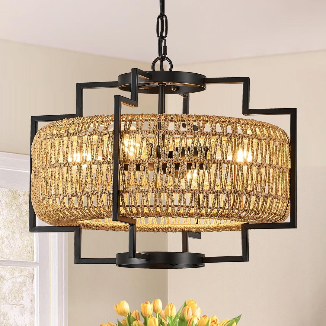 20" Boho Woven Chandeliers 4-Light Hand Rattan Ceiling Pendant Light Fixture Farmhouse Hanging Lighting for Kitchen,Bedroom, Dining Room, Hallway, Entryway, E26, Lantern-20''-V