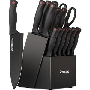 Knife Set, Astercook 15 Pieces Knife Sets for Kitchen with Block, Dishwasher Safe Kitchen Knife Set with Built in Sharpener Block, German Stainless Steel Knife Block Set, Valentine's Gift