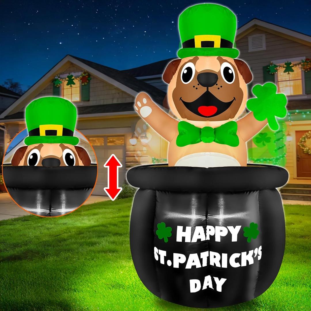 5 Ft Animated St Patricks Day Inflatables Outdoor Decoration Blow Up Bulldog Holding Lucky Shamrock in Pot of Gold Built-in LED Lights St Patrick's Decor for Party Home Lawn Patio Yard Garden