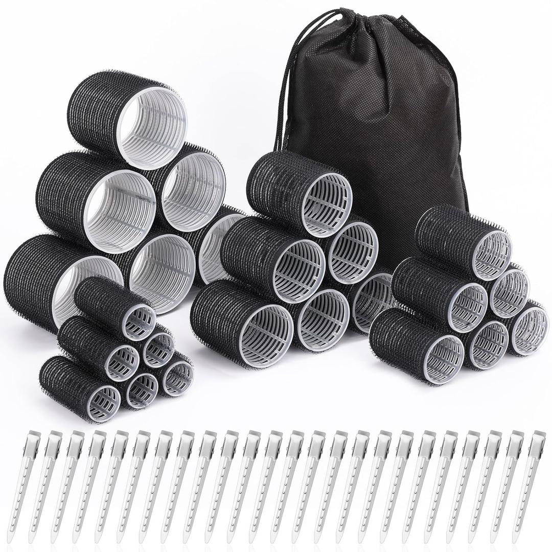 Hair Curlers Set with 24 Rollers (6 Jumbo, 6 Large, 6 Medium, 6 Small) and 24 Clips for All Hair Lengths (Black)