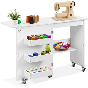 VIVOHOME Folding Sewing Craft Table, Rolling Sewing Machine Desk with Storage Shelves, Sewing Cabinet with Lift for Small Spaces, White