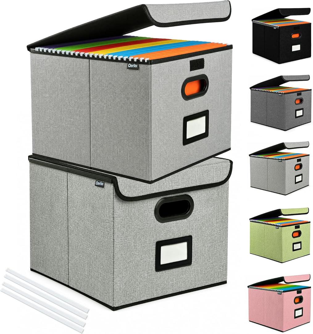 Qerlei File Organizer Boxes with Lids,Collapsible File Folder Organizer with Plastic Slide,Collapsible Filing & Storage Boxes for Office/Decor/Home (Grey, 2 Pack)