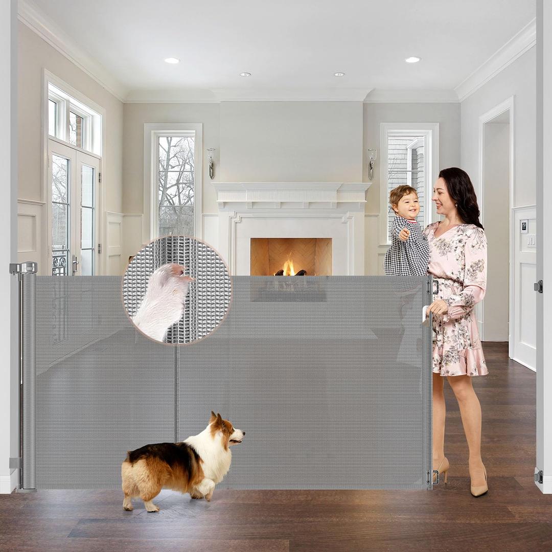Reinforced 42" Extra Tall x 75" Wide Retractable Baby Gates with Support Rods - Prevent Crawling Under Extra Tall Pet Gate Indoor Mesh Baby Gates for Dogs Outdoor Retractable Gate, Gray
