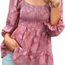 Ruched Blouse Square Neck Swing Blouse Casual Ruched Tiered Shirt Tunic Long Sleeve Chiffon Top Rose Pink XL
