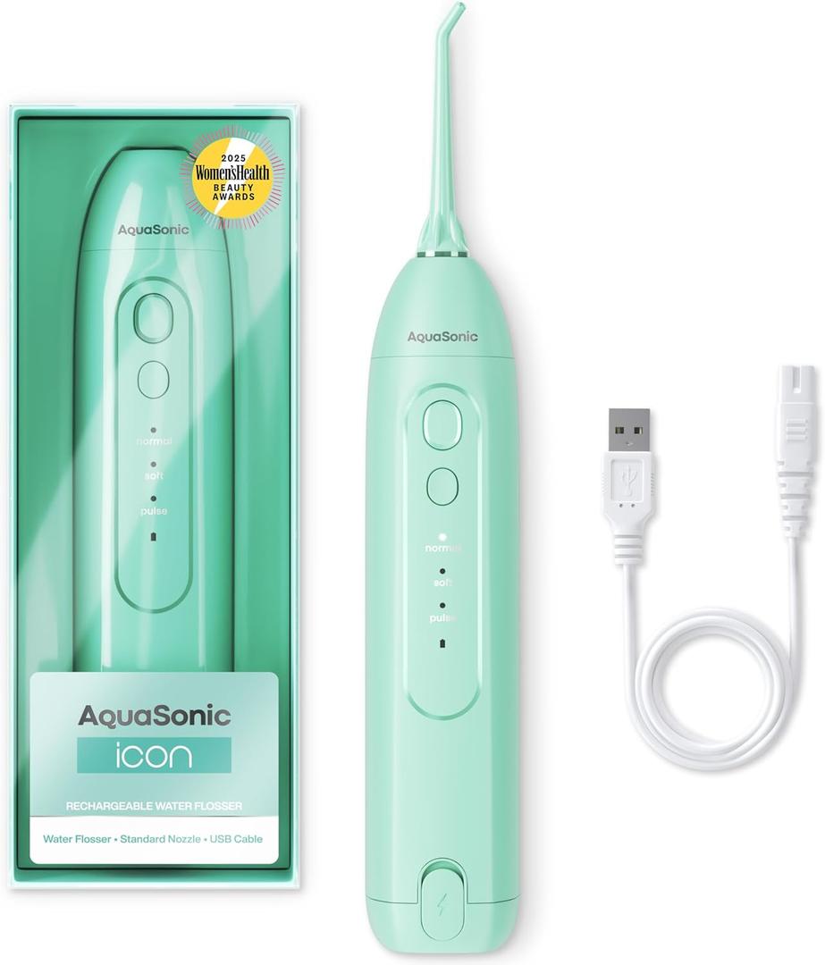 AquaSonic Icon Water Flosser for Teeth  Cordless Rechargeable Oral Irrigator  Waterproof, Portable Dental Cleaning with Jet Tip  Braces Home Travel - Mint