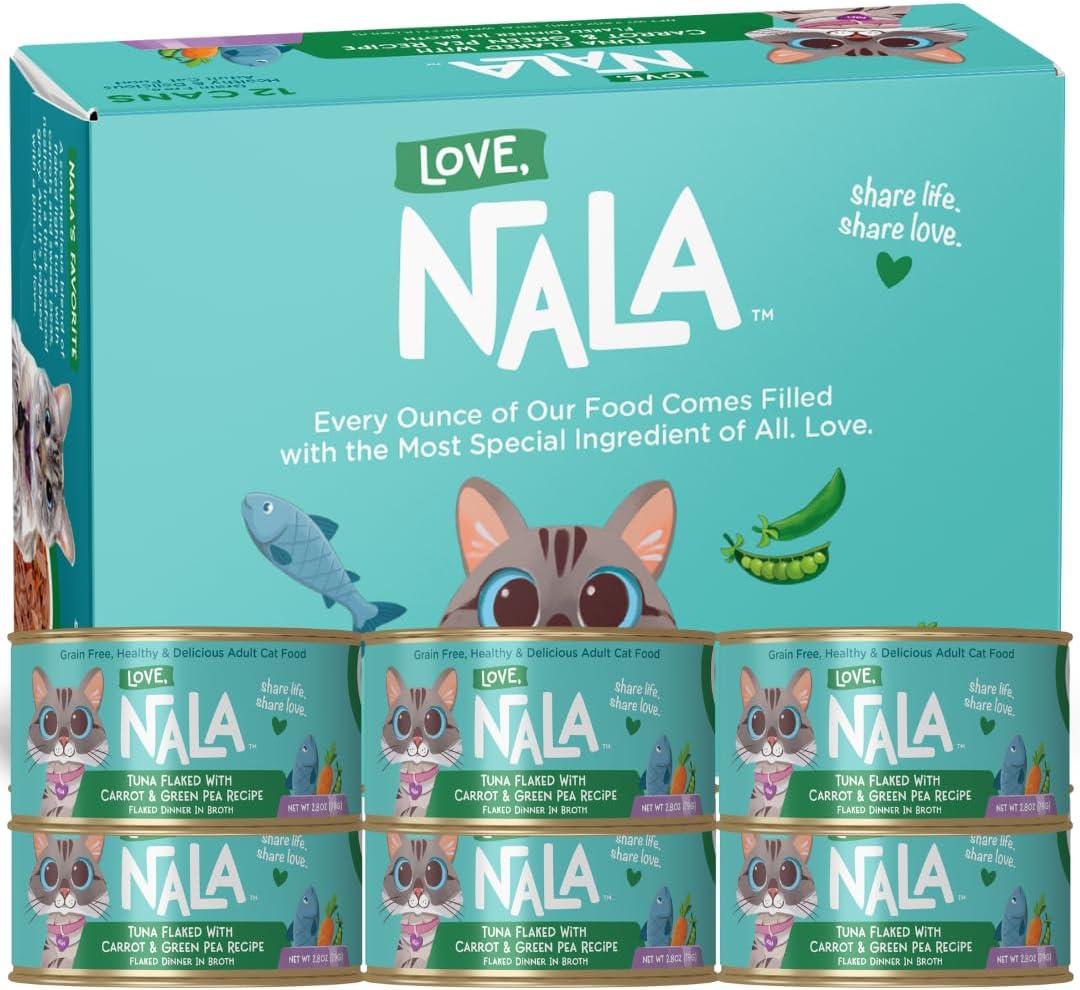 LOVE, NALA - Tuna Flaked with Carrot & Green Pea in Broth - 24 Pack, 4.8 lbs - Natural Adult Cat Wet Food Flaked -Grain Free, Non-GMO, Lean Protein, Added Minerals & Vitamins (EXP 03/02/29)