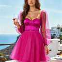 Women Sweetheart Neck Puffy Sleeve A-line Dress Built in Bra Tulle Satin Prom Ball Gown Party Dress (Pink, M)