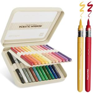 MemOffice Direct Liquid Acrylic Paint Markers, 24 Colors Brush Tip Pens with Carrying Case, No Bleed, Waterproof, for Rock, Wood, Canvas, Glass, Fabric, DIY Crafts for Adults