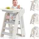 4-in-1 Convertible Toddler Step Stool, Adjustable Height Toddler Tower, Foldable Standing Tower with Safety Fence & Removable Dining Tray, Kids Step Stool for Kitchen Counter Bathroom Sink (Grey)
