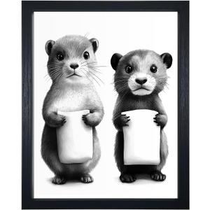 JLXART Funny Bathroom Canvas Wall Art Two Cute Otter Animal Black and White Print for Restroom Toilet Decoration (11x14inch)