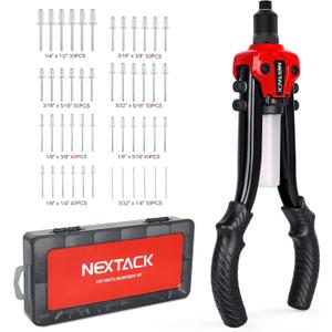 NEXTACK Rivet Gun Kit with 350 Blind Rivets, Heavy Duty Two-Handed 1/4 Pop Rivet Gun Set (NT300), 5 Nosepieces, Built-in Shaft Catcher for Van, Gutter & Automotive