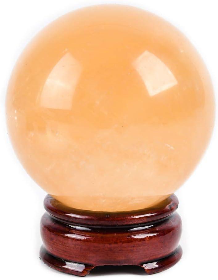 Natural Citrine Healing Crystal Gemstone Ball Divination Sphere Sculpture Figurine with Wood Stand Feng Shui Chakra Aura Home Desk Decor (60mm)