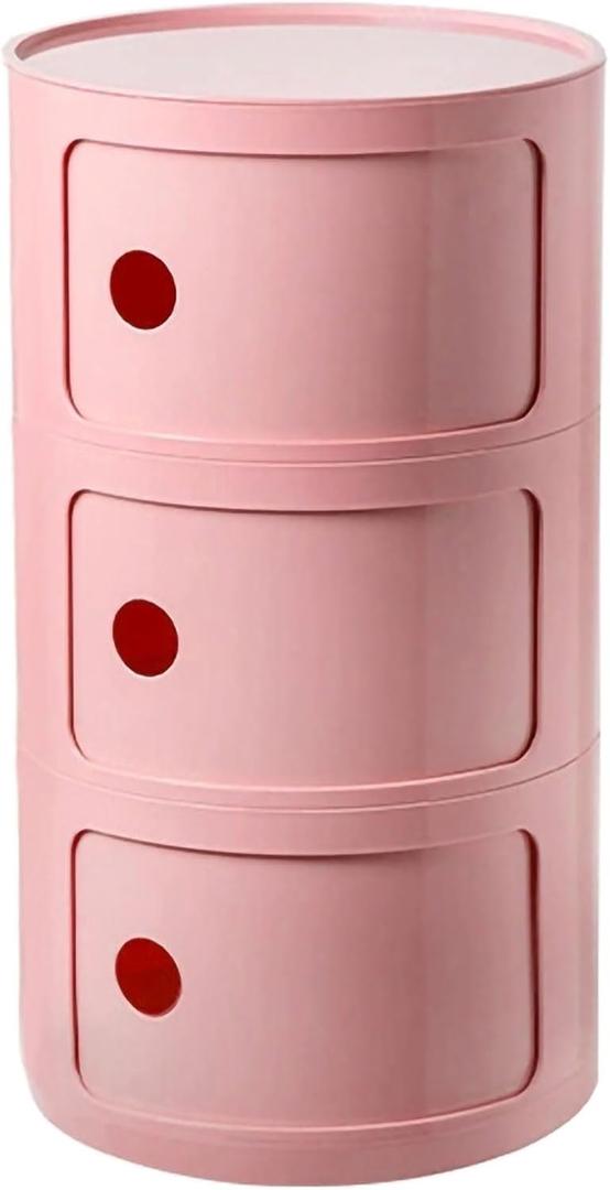 3 Tier Round Nightstand with Drawers, Pink Round Side Table Small Plastic Storage End Table Suitable for Bedroom, Living Room, Bathroom, 22.8IN