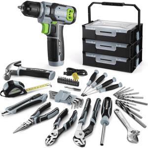 WORKPRO 43PCS Cordless Lithium-ion Drill Driver & Toolbox, 8V 2.0 Ah Power Drill Set with Household Hand Tool Kit, Battery Powered Screwdriver with Stackable Tool Box (Grey)