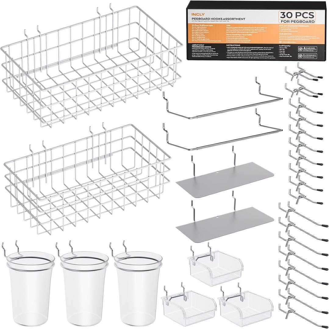 INCLY 30PCS Peg Board Organizer Accessories Kit, Pegboard Hooks Assortment with Bins, Cups, Wire Baskets and Paper Towel Holder for 1/8 and 1/4 Pegboard Garage Workbench Craft Room Organizing Tools