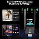1300Mbps Wireless WiFi Adapter, USB3.0 WiFi Dongle 2.4G/5G 802.11AC Network Adapter Receiver with High Gain Antenna for Desktop Laptop PC, Support Windows 11/10/8/8.1/7/Vista/XP, Mac 10.6-10.15