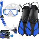 Mask Fin Snorkel Set for Adults Snorkeling Gear with Fins, Snorkel Goggles Anti-Fog Anti-Leak Diving Mask Dry Top Snorkel Adjustable Dive Flippers Kit with Gear Bag for Swimming Scuba Diving (Blue, ML/XL - 9-13)